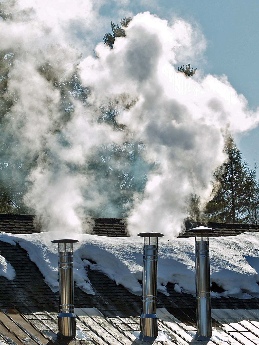 Steam Rising from Three Vents on Top of a Maple Syrup Shack